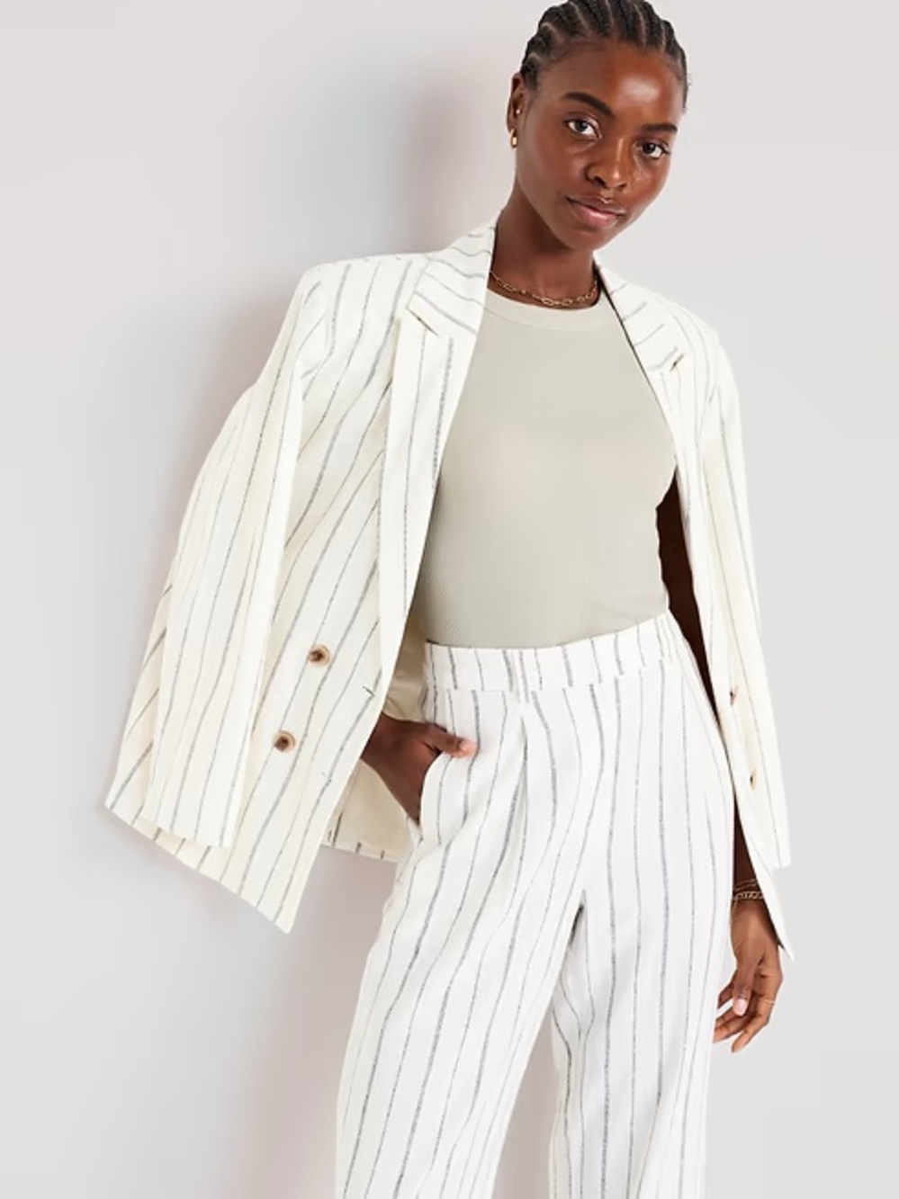 Old Navy Striped Double-Breasted Linen-Blend Blazer